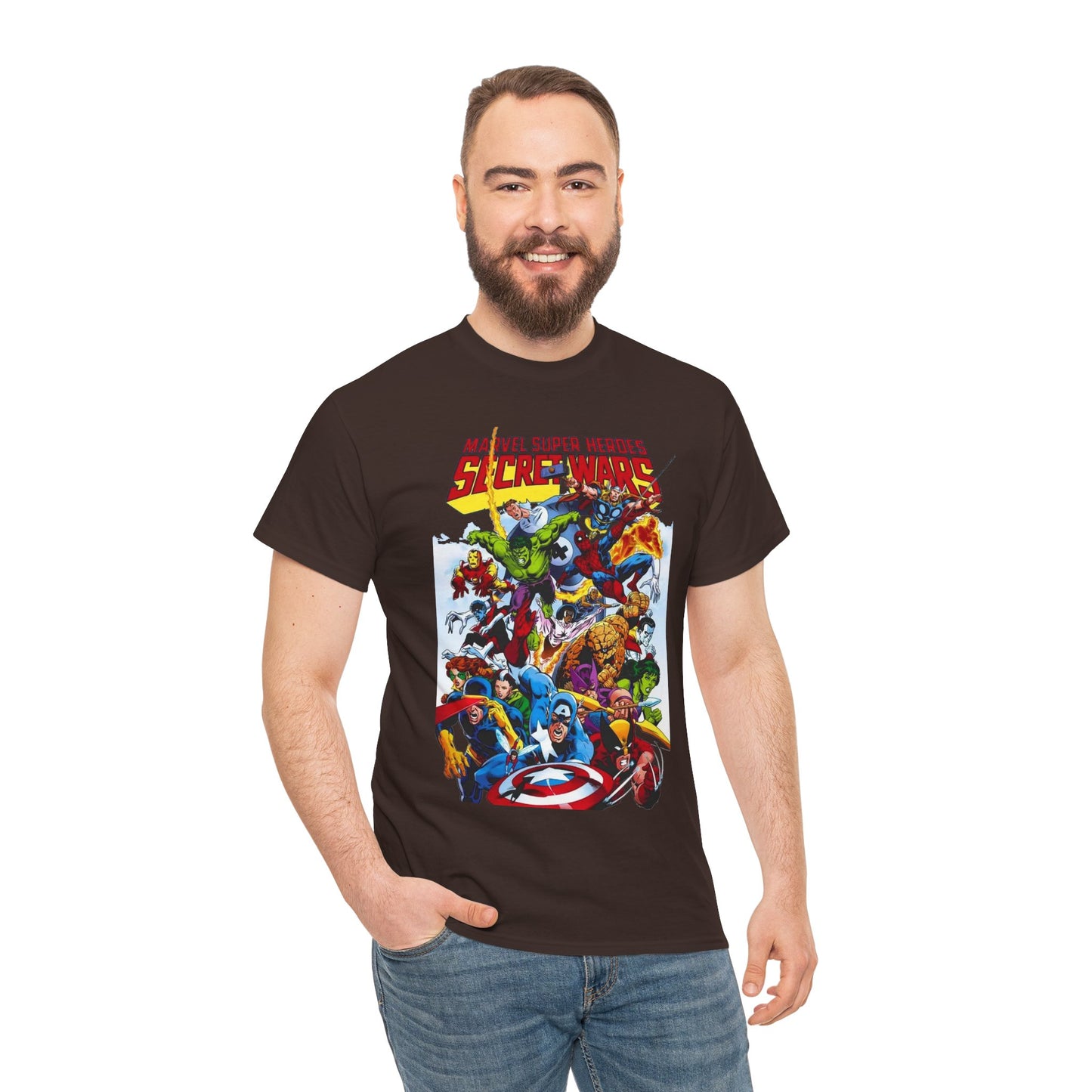 Secret Wars T-Shirt - Spider-man, Wolverine, Iron Man, Captain America, Cyclops, Rogue, Hulk, Mr Fantastic, The Thing - Classic Marvel Comics 1980s Series - The Beyonder