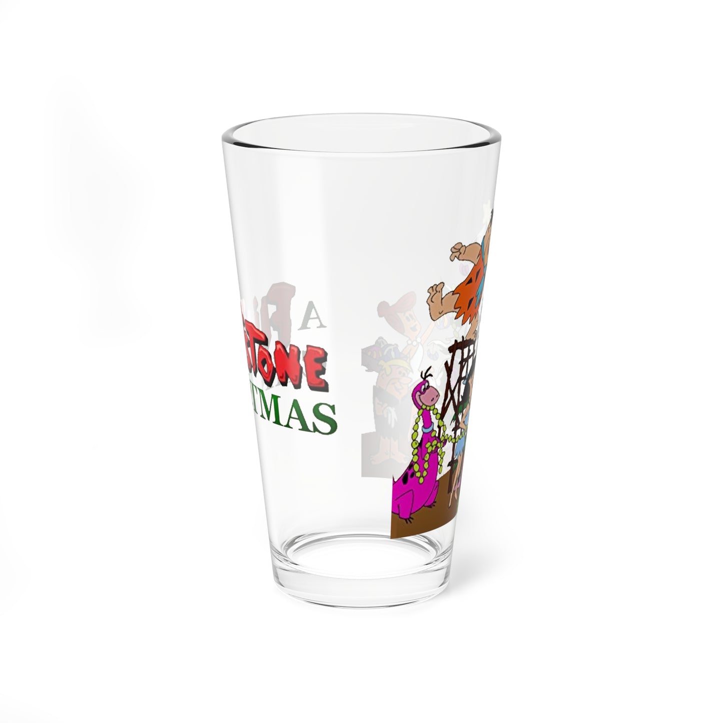 A Flintstones Christmas Pint Glass, 16oz - Fred, Wilma, Pebbles Flintstone & Barney, Betty, Bamm Bamm Rubble & Dino - Hanna-Barbera Holiday Cartoon