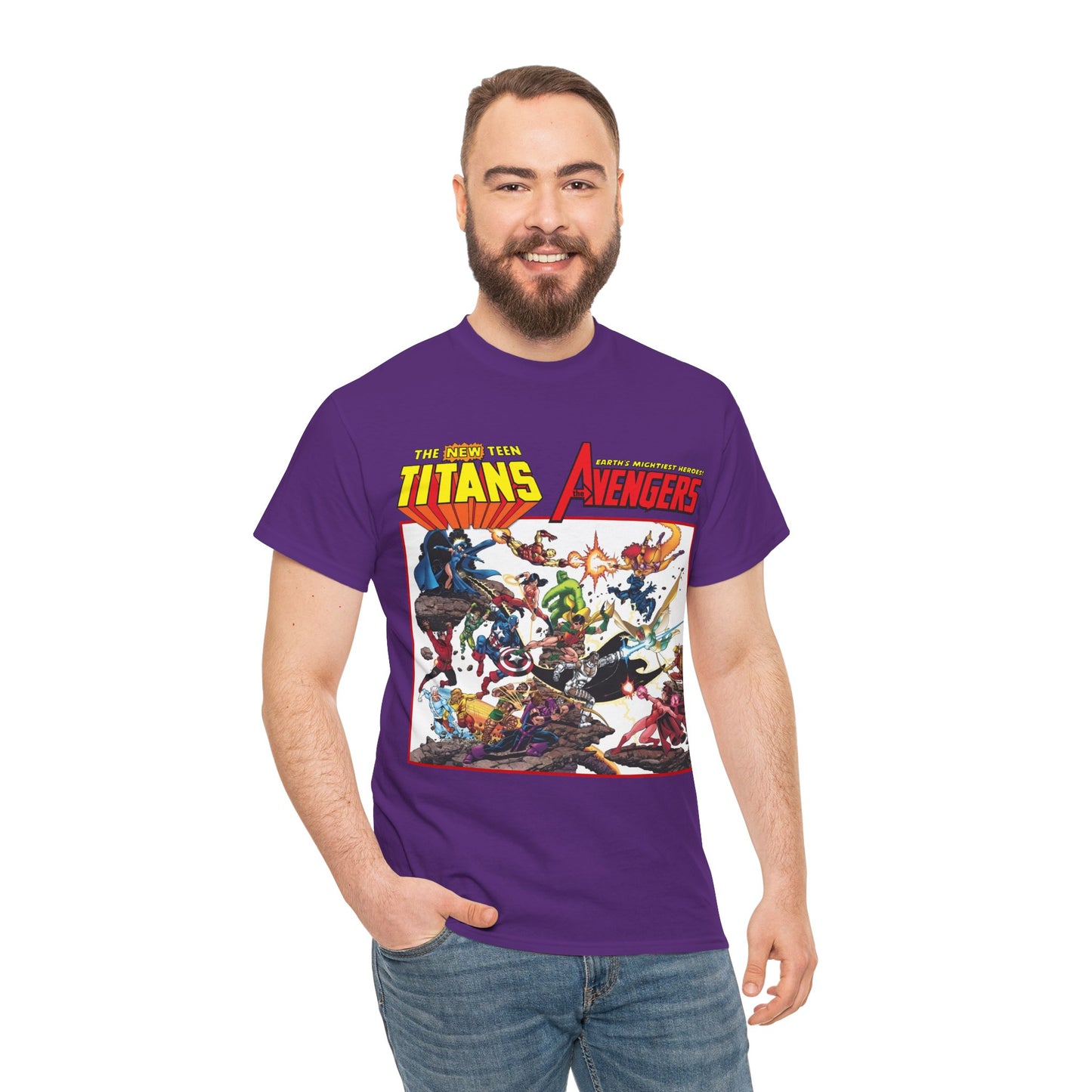 New Teen Titans Vs Avengers T-Shirt - George Perez Art - Hawkeye, Wonder Man, Raven, Starfire, Cyborg, Scarlet Witch, Wonder Girl - DC Comics & Marvel Comics