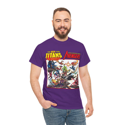 New Teen Titans Vs Avengers T-Shirt - George Perez Art - Hawkeye, Wonder Man, Raven, Starfire, Cyborg, Scarlet Witch, Wonder Girl - DC Comics & Marvel Comics