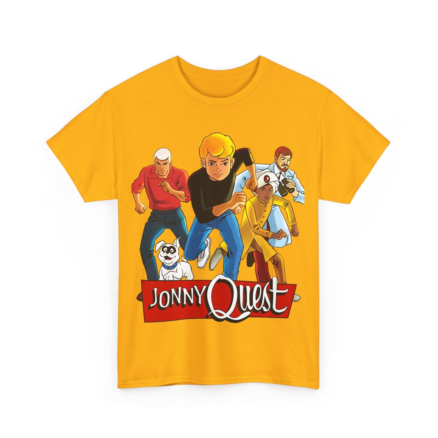 Jonny Quest T-Shirt - Popular Hanna-Barbera Cartoon Characters from the 1960s Adventure TV Show - Dr Benton, Hadji, Race Bannon, Bandit the Dog