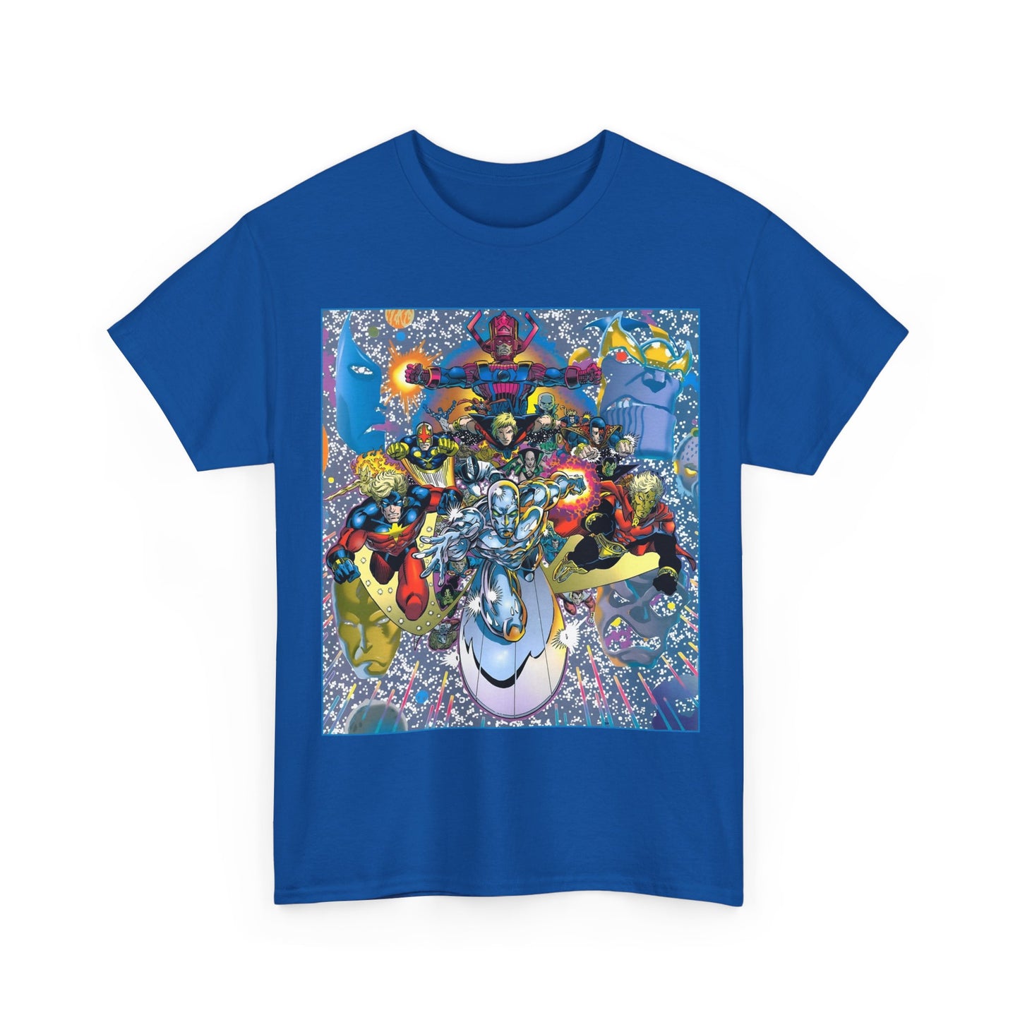 Marvel Cosmic Heroes T-Shirt - Silver Surfer, Captain Marvel, Adam Warlock, Quasar, Nova, Galactus, Jack of Hearts, Moondragon, Thanos