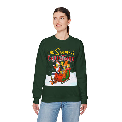 Simpsons Family Christmas Crewneck Sweatshirt - Homer, Marge, Bart, Lisa, Maggie - Riding a Christmas Sleigh Through the Winter Snow