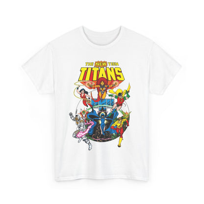 New Teen Titans T-Shirt - Classic George Perez Art - Cyborg, Raven, Starfire, Robin, Wonder Girl, Changeling, Kid Flash - Titans Tower - Popular DC Comics 1980s Series