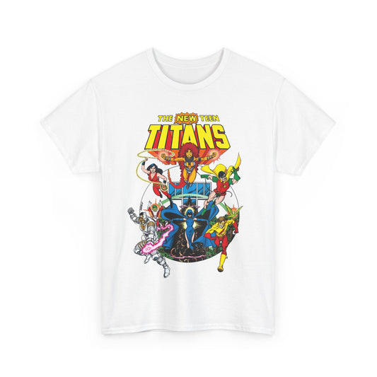 New Teen Titans T-Shirt - Classic George Perez Art - Cyborg, Raven, Starfire, Robin, Wonder Girl, Changeling, Kid Flash - Titans Tower - Popular DC Comics 1980s Series