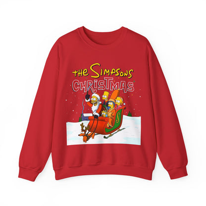Simpsons Family Christmas Crewneck Sweatshirt - Homer, Marge, Bart, Lisa, Maggie - Riding a Christmas Sleigh Through the Winter Snow
