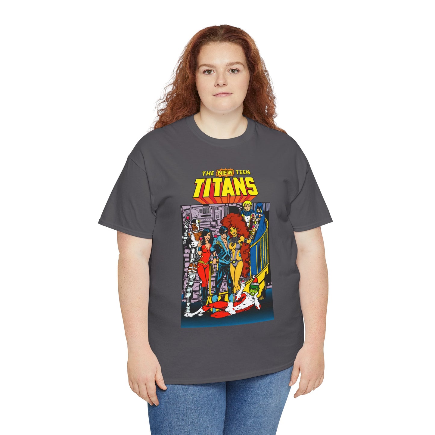New Teen Titans T-Shirt - George Perez Art - Nightwing, Cyborg, Raven, Starfire, Wonder Girl, Changeling, Jericho - Titans Tower - DC Comics
