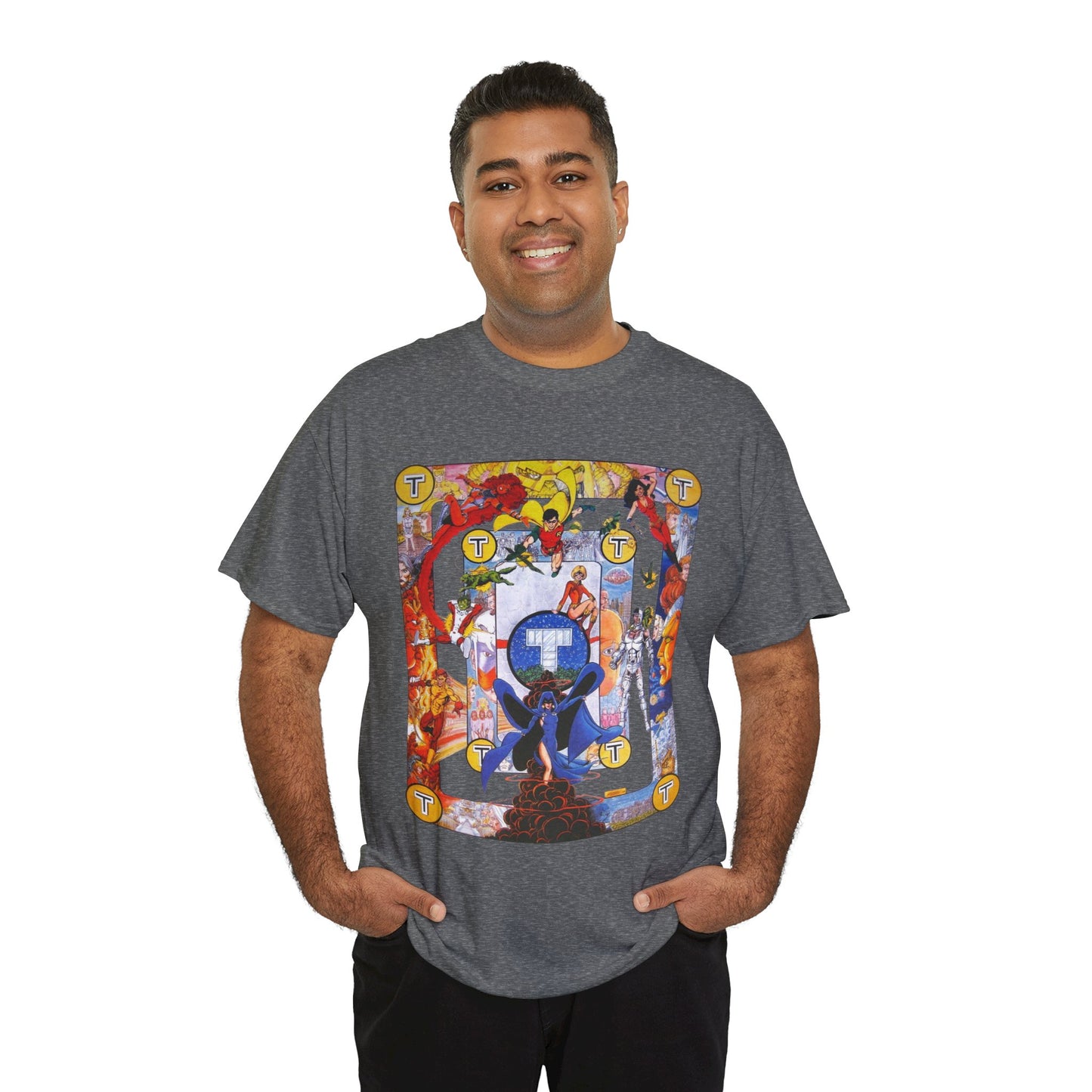 New Teen Titans Poster T-Shirt - George Perez Art - Cyborg, Raven, Robin, Terra, Wonder Girl, Changeling, Kid Flash, Deathstroke, Blackfire - DC Comics