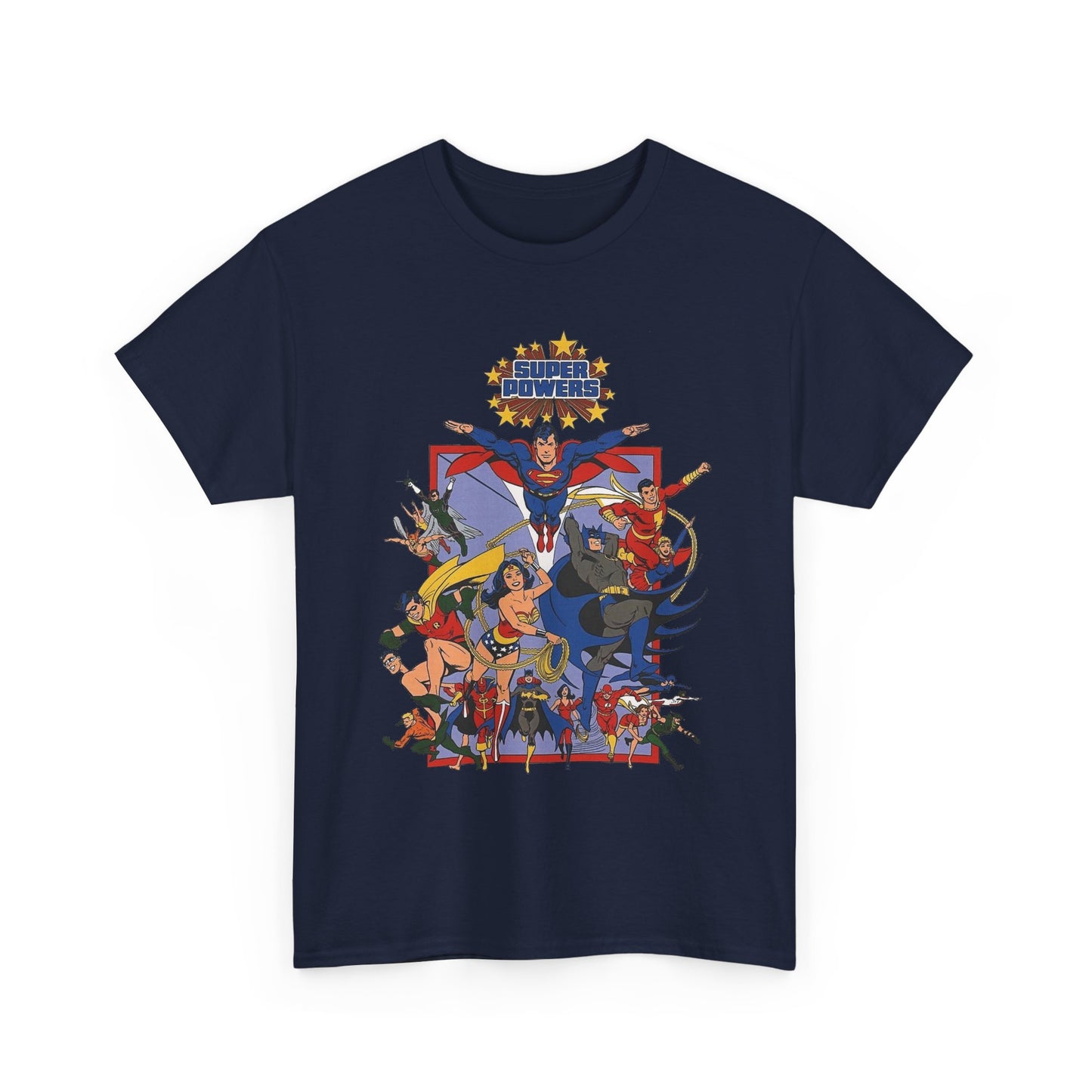 Super Powers T-Shirt - Superman, Flash, Wonder Woman, Batman, Batgirl, Robin, Plastic Man, Aquaman, Hawkman, Supergirl - 1980s Kenner Toy Line - Retro DC Comics