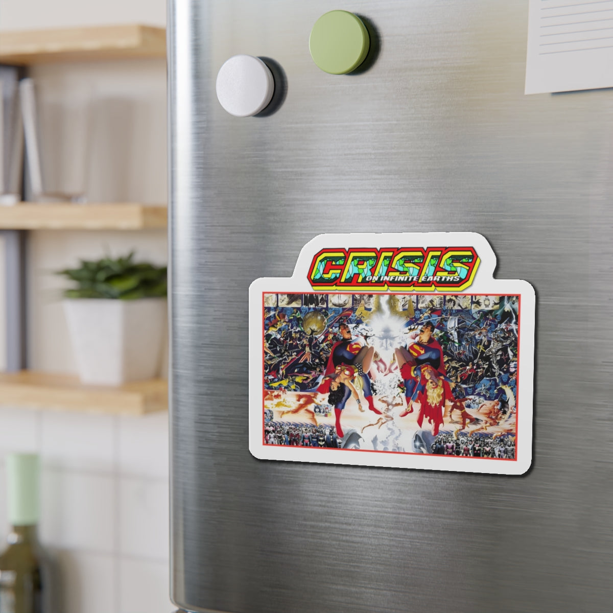 Crisis on Infinite Earths Die-Cut Magnet - George Perez & Alex Ross Art - Superman, Wonder Woman, Supergirl, Flash - DC Comics Classic Image - 3", 4", 5", 6"