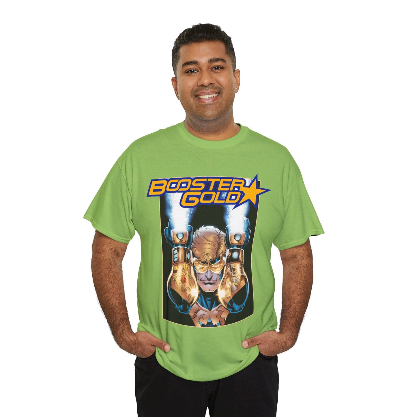 Booster Gold T-Shirt - Dan Jurgens Art - Batman & Robin in His Gauntlets - DC Comics