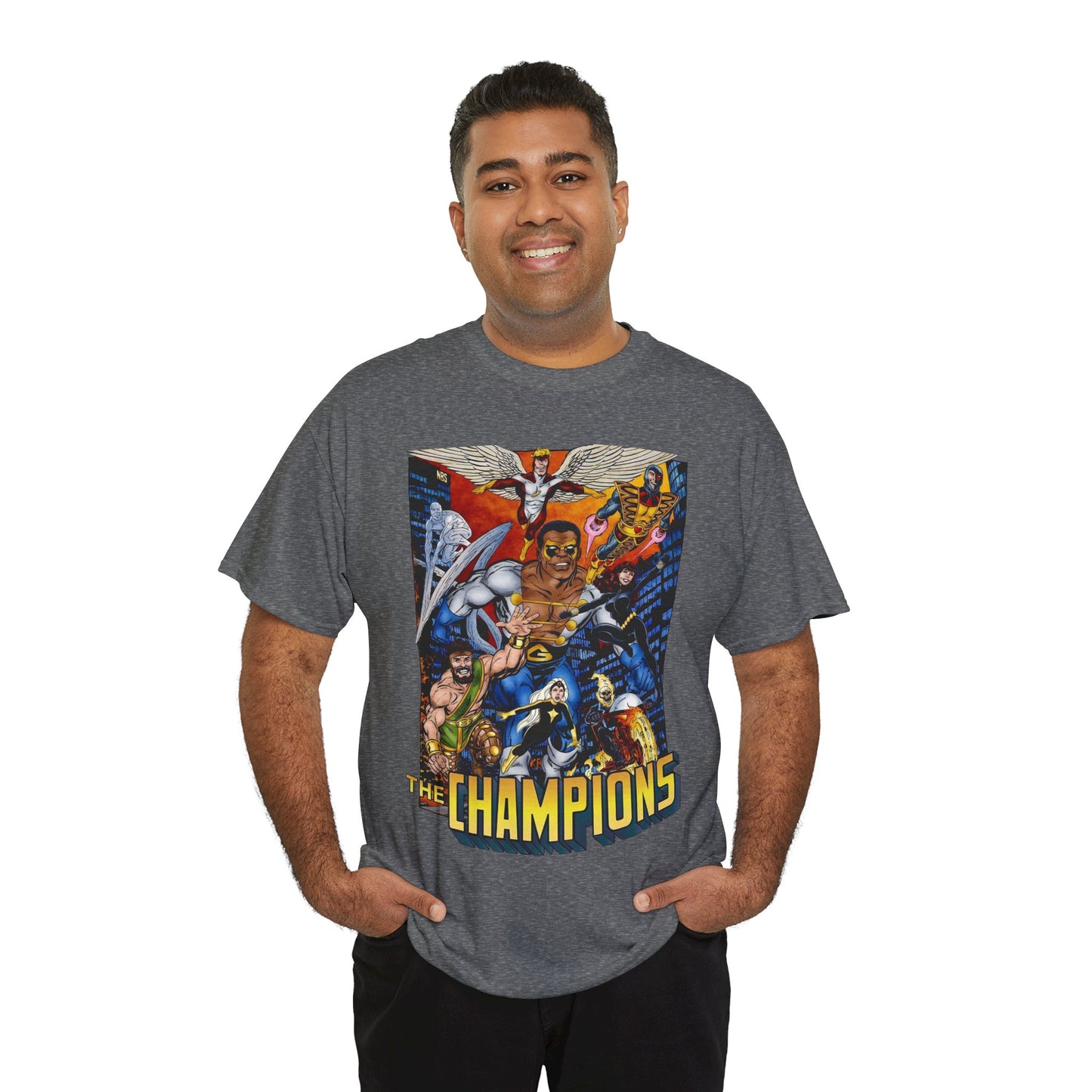 Champions T-Shirt - John Byrne Art - Hercules, Black Widow, Ghost Rider, Black Goliath, Silver Surfer, Jack of Hearts - Marvel Comics 1970s Series