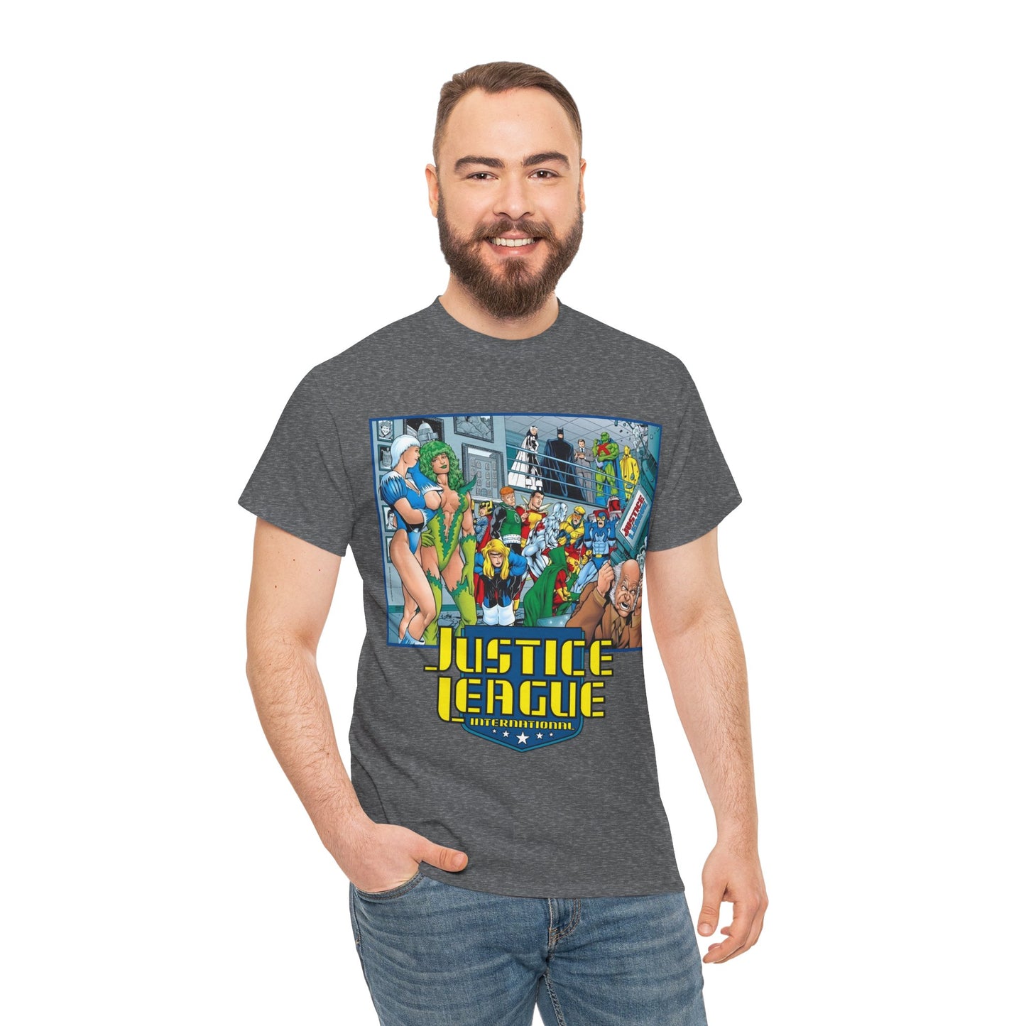Justice League International T-Shirt - Kevin Maguire Art - Blue Beetle, Booster Gold, Martian Manhunter, Captain Atom, Batman, Fire, Ice - DC Comics - JLI