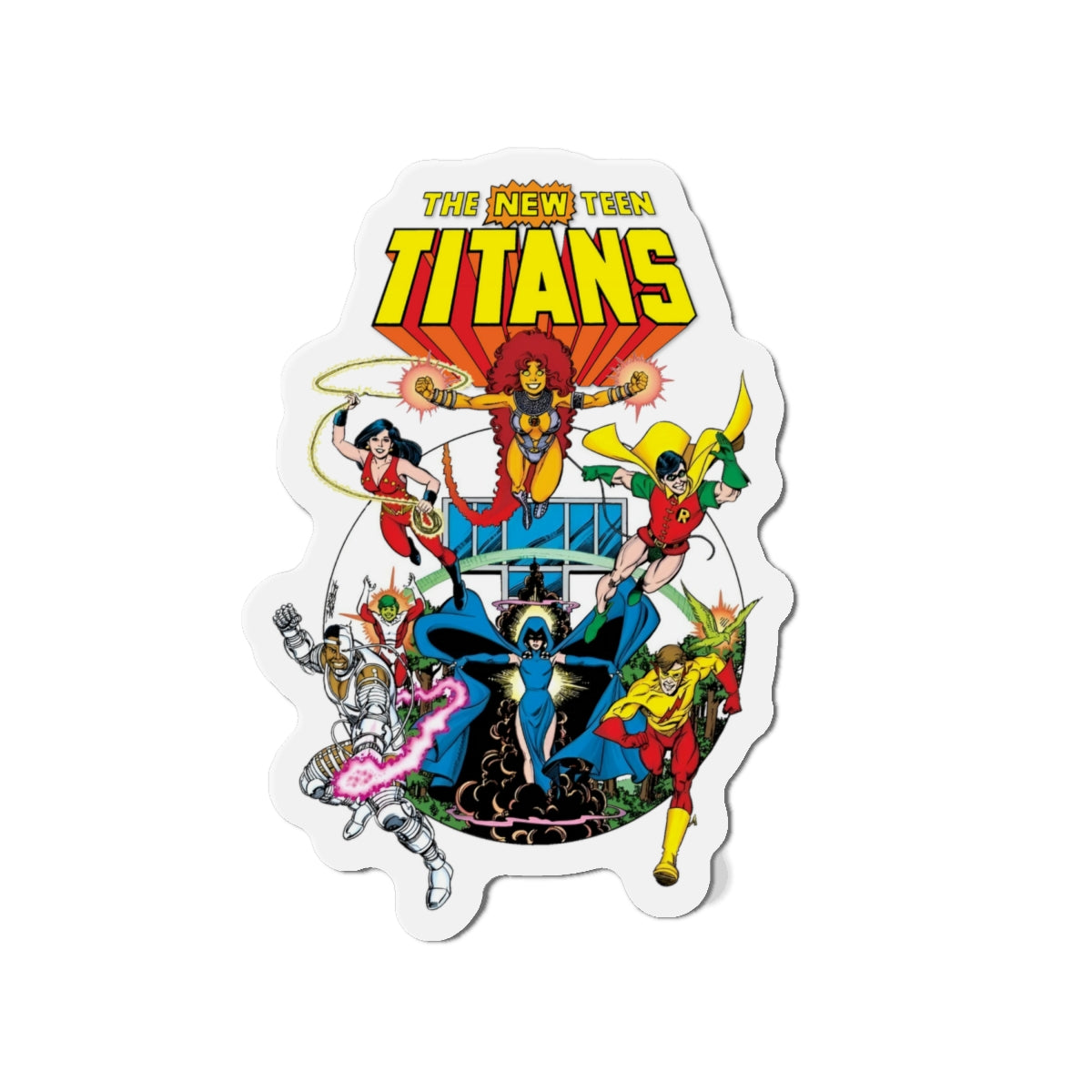 New Teen Titans Die-Cut Magnet - George Perez Art - Robin, Wonder Girl, Cyborg, Starfire, Raven, Changeling, Kid Flash - Titans Tower - DC Comics - 3", 4", 5", 6"