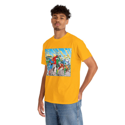 Justice League America/Europe T-Shirt - Dan Jurgens Art - Superman, Blue Beetle, Booster Gold, Green Lantern, Aquaman, Power Girl, Guy Gardner, Flash - DC Comics