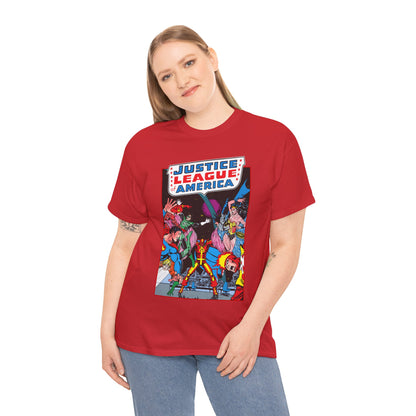 Justice League of America T-Shirt - George Perez Art - 1980s Satellite Era - Superman, Wonder Woman, Firestorm, Green Lantern, Batman - DC Comics