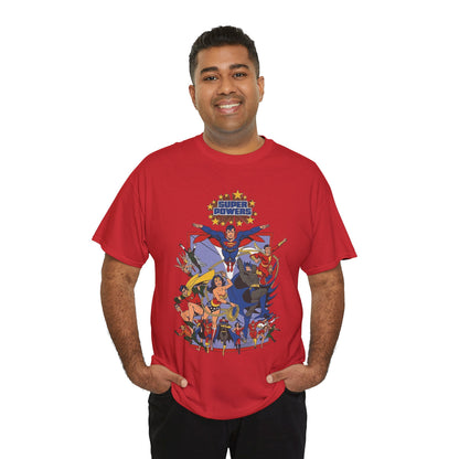 Super Powers T-Shirt - Superman, Flash, Wonder Woman, Batman, Batgirl, Robin, Plastic Man, Aquaman, Hawkman, Supergirl - 1980s Kenner Toy Line - Retro DC Comics