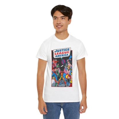 Justice League of America T-Shirt - George Perez Art - 1980s Satellite Era - Superman, Wonder Woman, Firestorm, Green Lantern, Batman - DC Comics