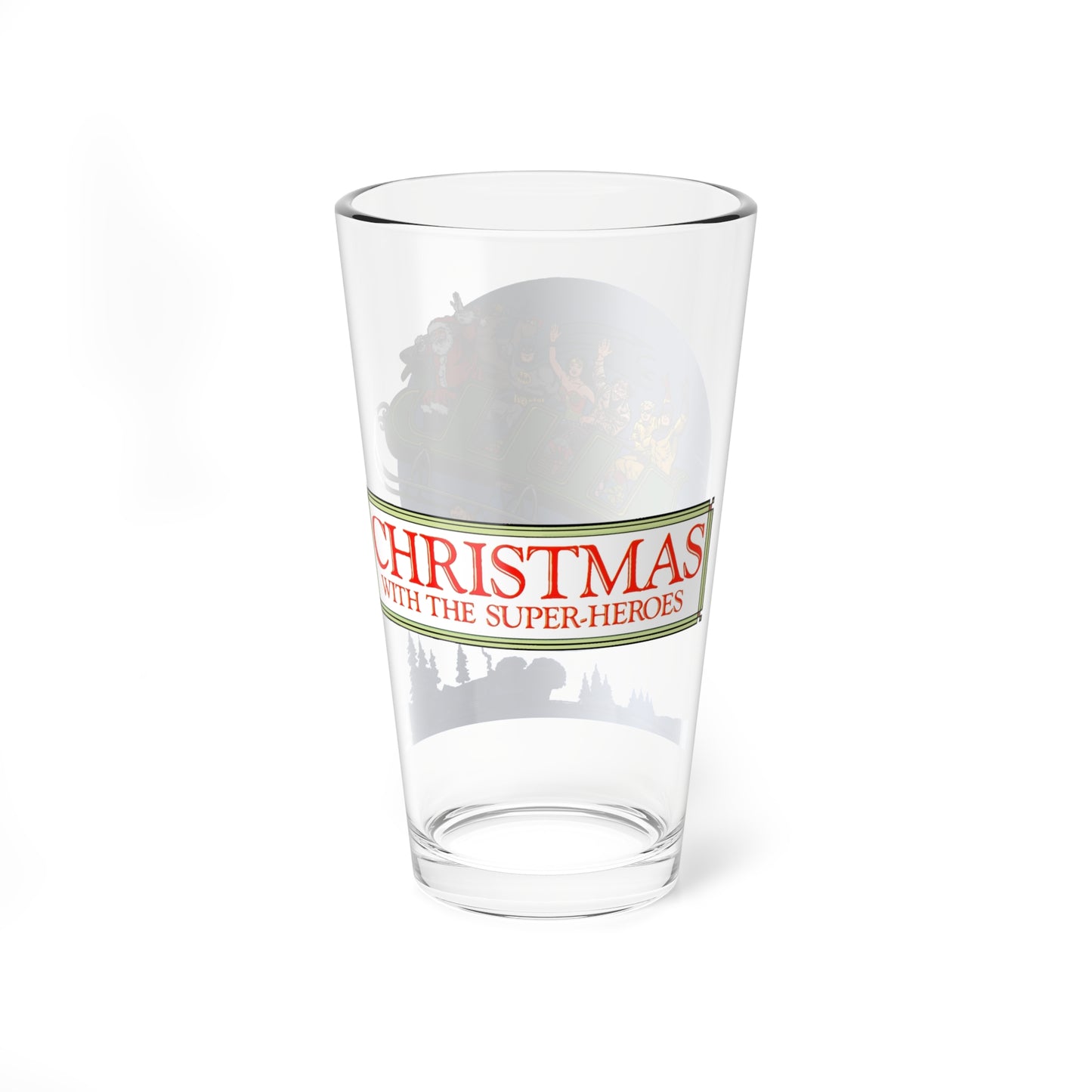 Christmas With the DC Superheroes Pint Glass, 16oz - Superman, Wonder Woman, Batman, Sandman, Santa Claus