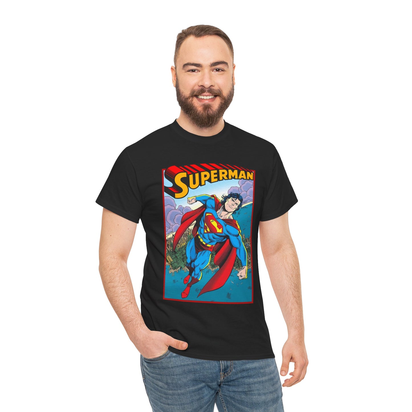 Superman T-Shirt - Tom Grummett Art - DC Comics - Metropolis, Man of Steel Flying Through the Sky - Post-Reign of the Supermen Storyline Artwork