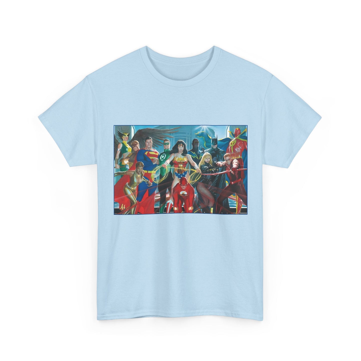 Justice League T-Shirt - Alex Ross Art - Superman, Wonder Woman, Batman, Flash, Black Canary, Vixen, Black Lightning, Green Lantern, Geo-Force, Red Tornado - DC Comics