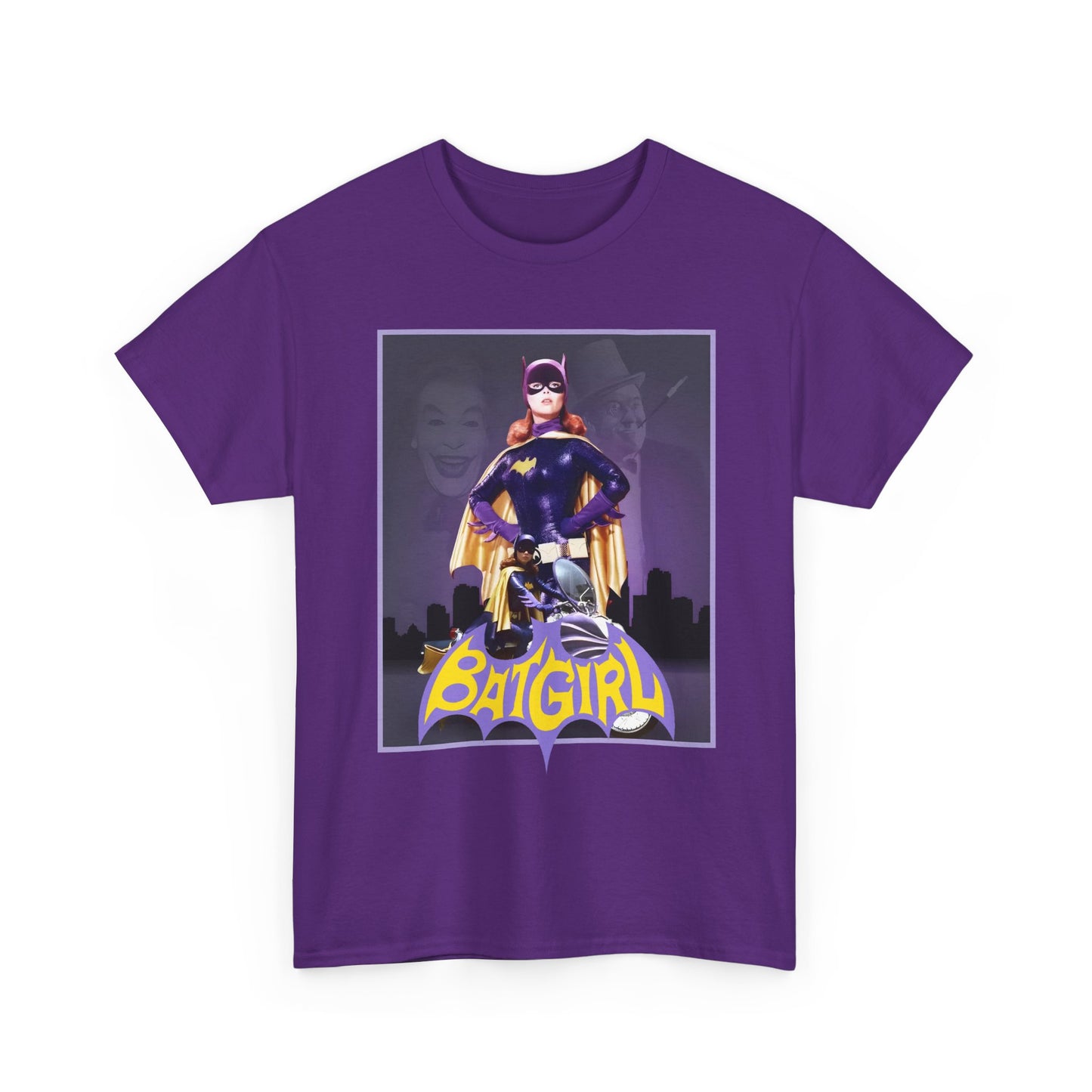 Purple t-shirt with Batgirl graphic design on a white background