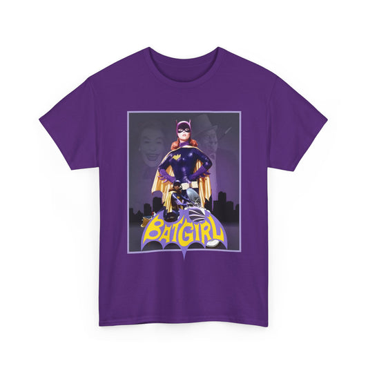 Purple t-shirt with Batgirl graphic design on a white background