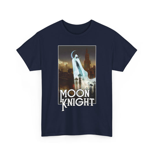 Navy blue t-shirt with 'Moon Knight' graphic design on a white background