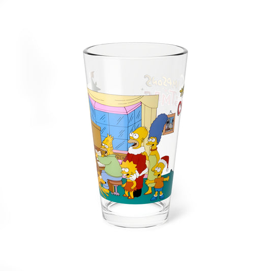 Clear pint glass with the Simpsons on a white background