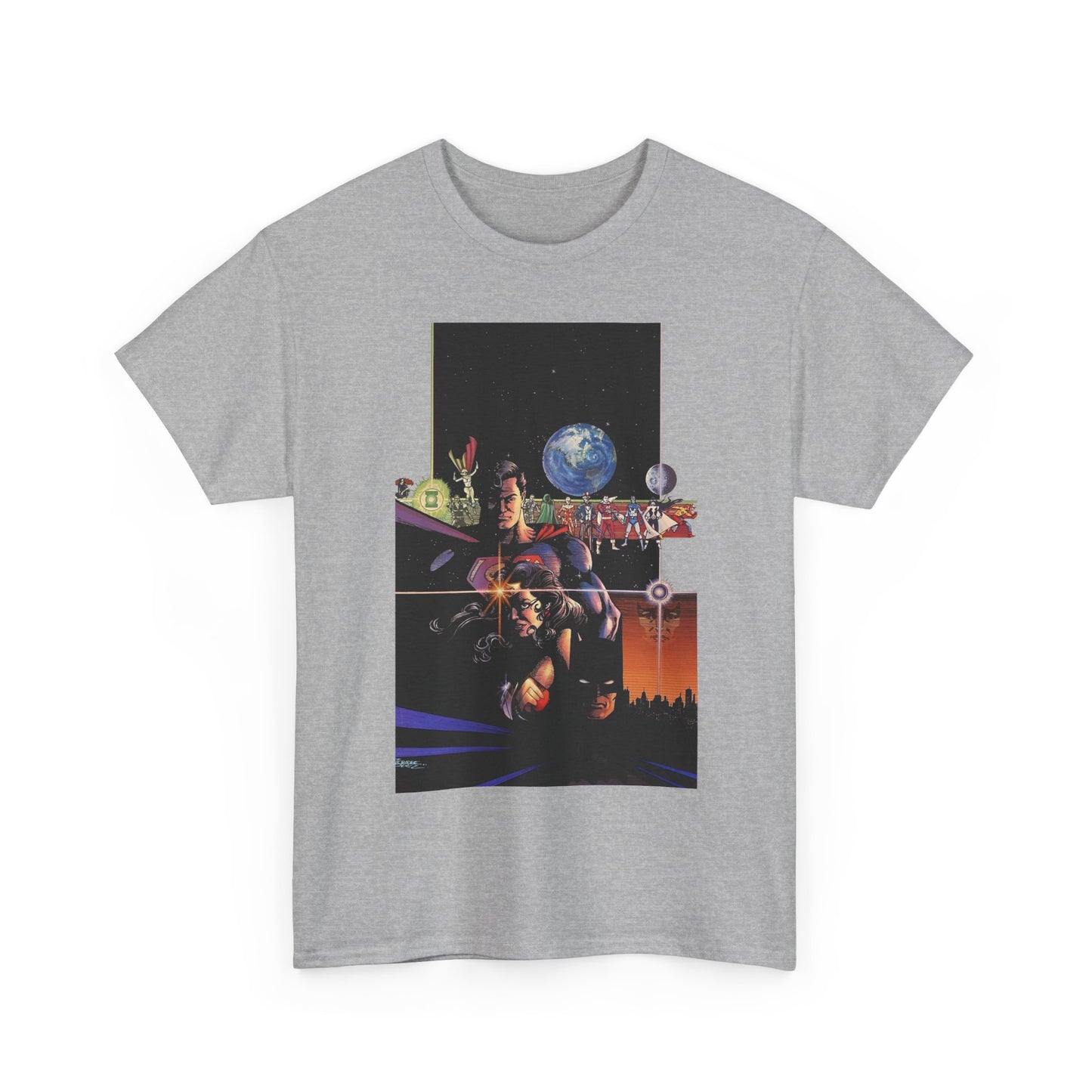 Crisis on Infinite Earths T-Shirt - George Perez Art - Superman, Batman, Wonder Woman, Captain Marvel, Blue Beetle, Kid Flash - Retro 1980s - DC Comics