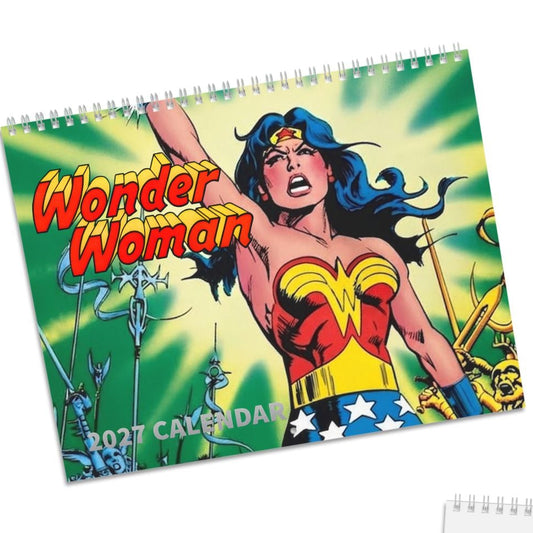 A Wonder Woman spiral-bound calendar shown from two angles on a white background. One view shows the colorful cover with Wonder Woman artwork and the title 'Wonder Woman 2027 Calendar'; the other shows the blank white back with a small printed cover sticker.