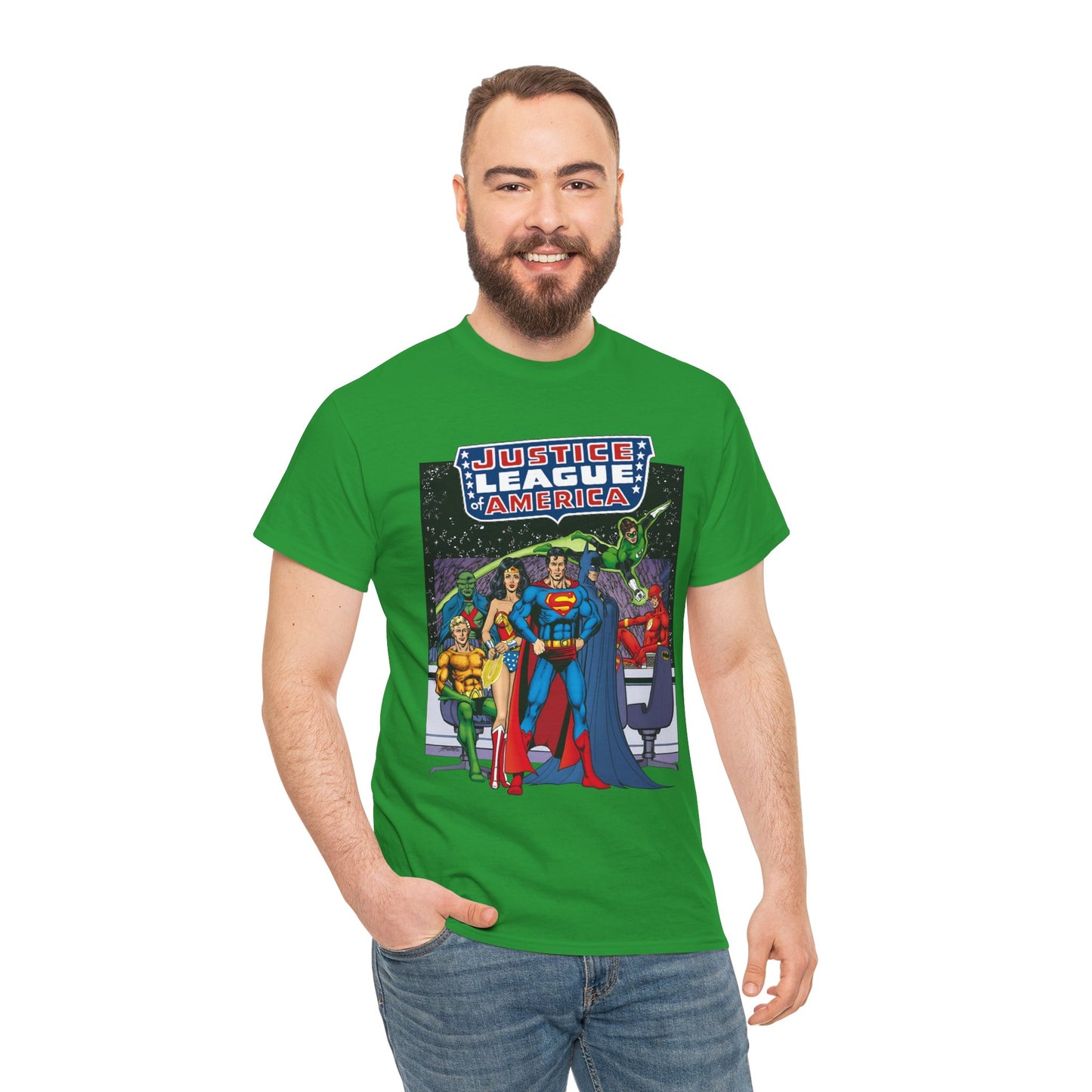 Justice League T-Shirt - George Perez Art - JLA Satellite Era - Superman, Wonder Woman, Green Lantern, Batman, Flash, Aquaman, Martian Manhunter - DC Comics
