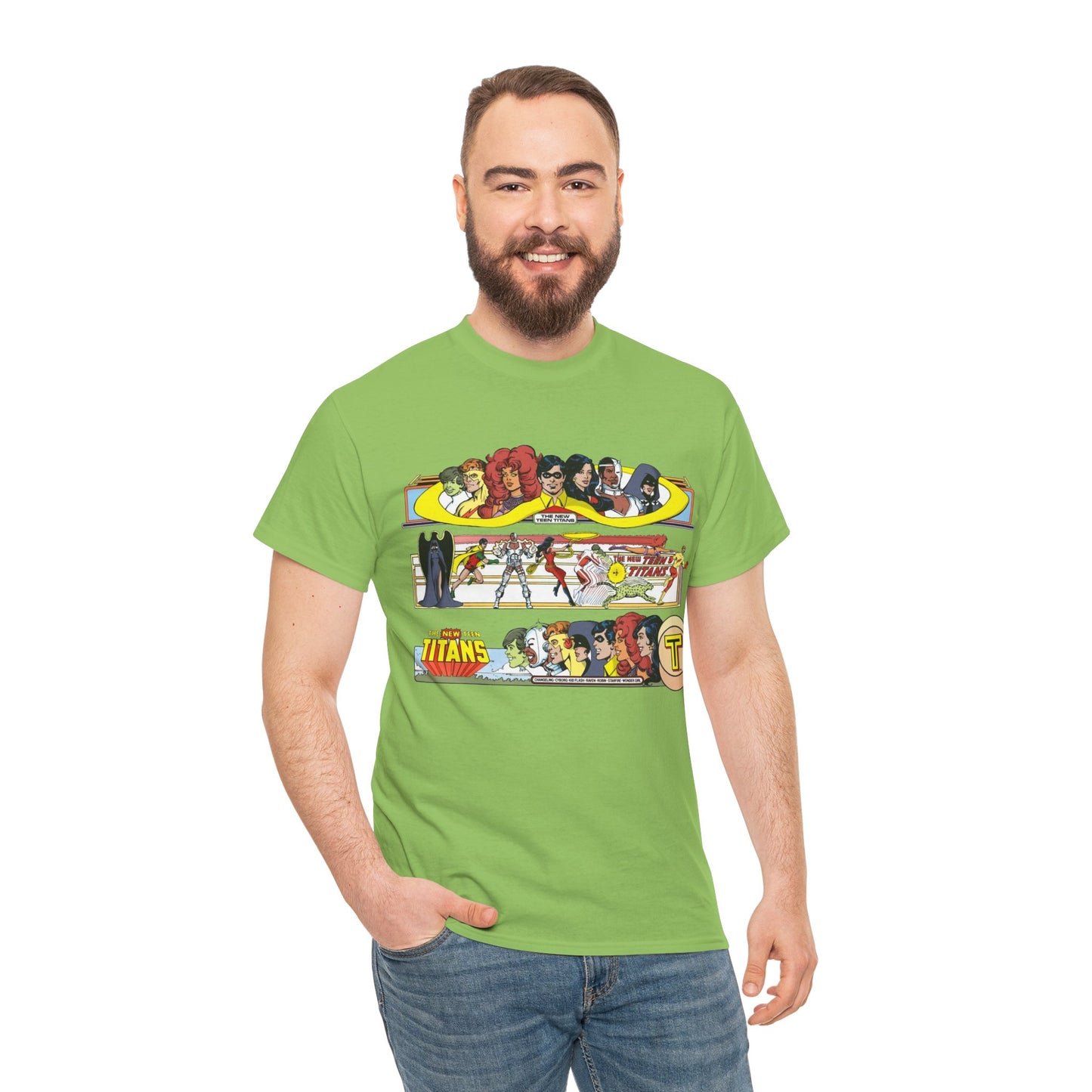 New Teen Titans T-Shirt - George Perez Art - 1980s Promotional Banners - Robin, Wonder Girl, Cyborg, Starfire - DC Comics