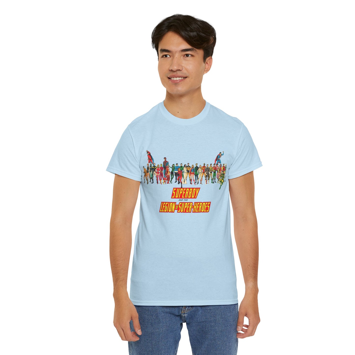 Superboy & Legion of Super-Heroes T-Shirt - 1970s DC Comics Art - Saturn Girl, Lightning Lad, Brainiac 5, Supergirl, Dawnstar, Mon-El, Bouncing Boy, Wildfire - LOSH