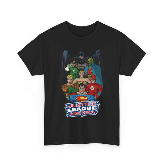 Justice League of America T-Shirt - George Perez Art - Superman, Wonder Woman, Batman, Aquaman, Martian Manhunter, Flash, Green Lantern - DC Comics