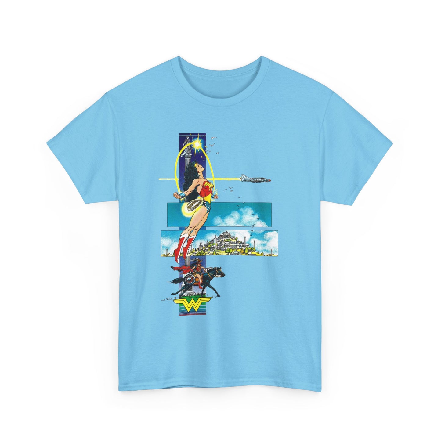 Light blue t-shirt with Wonder Woman graphic design on a white background