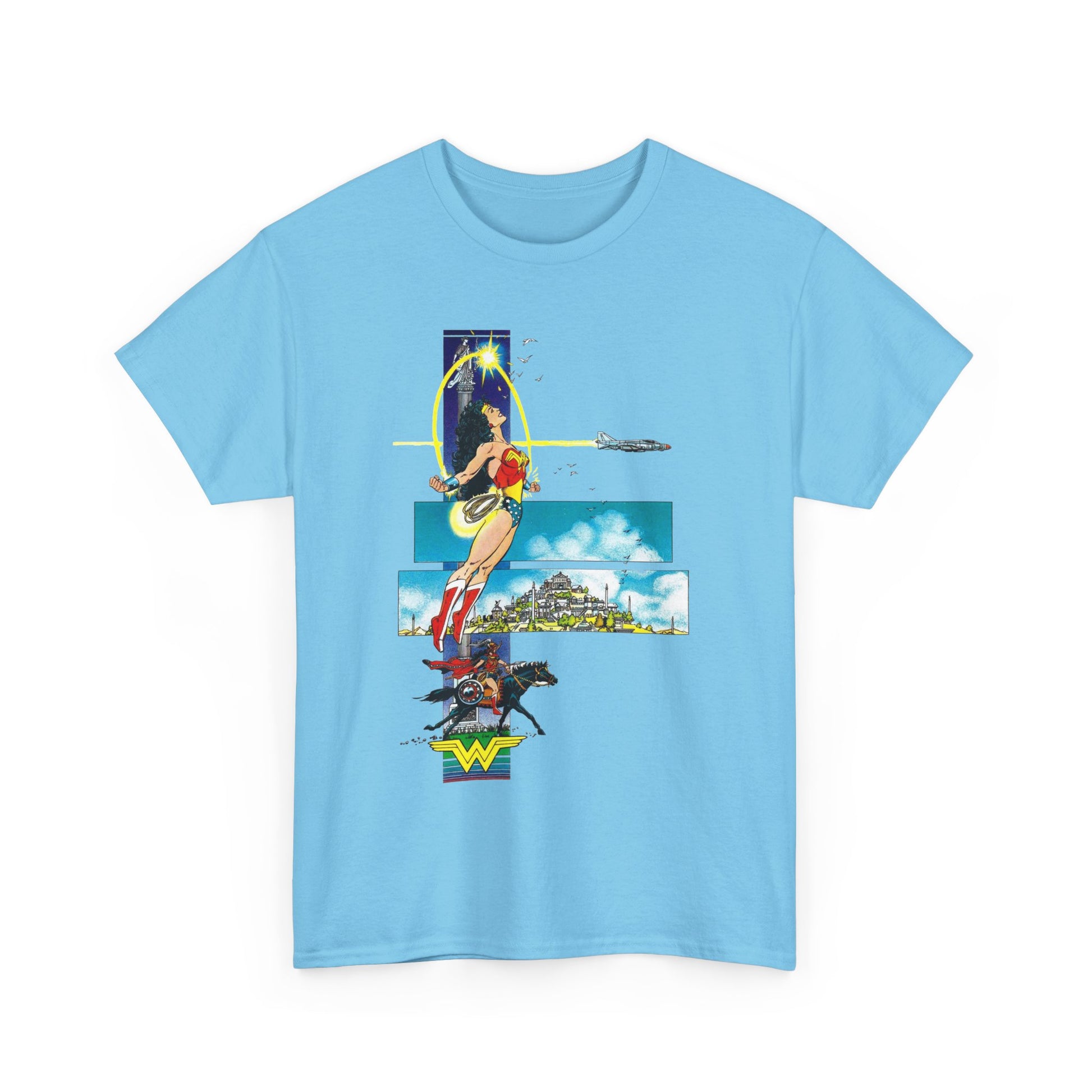 Light blue t-shirt with Wonder Woman graphic design on a white background