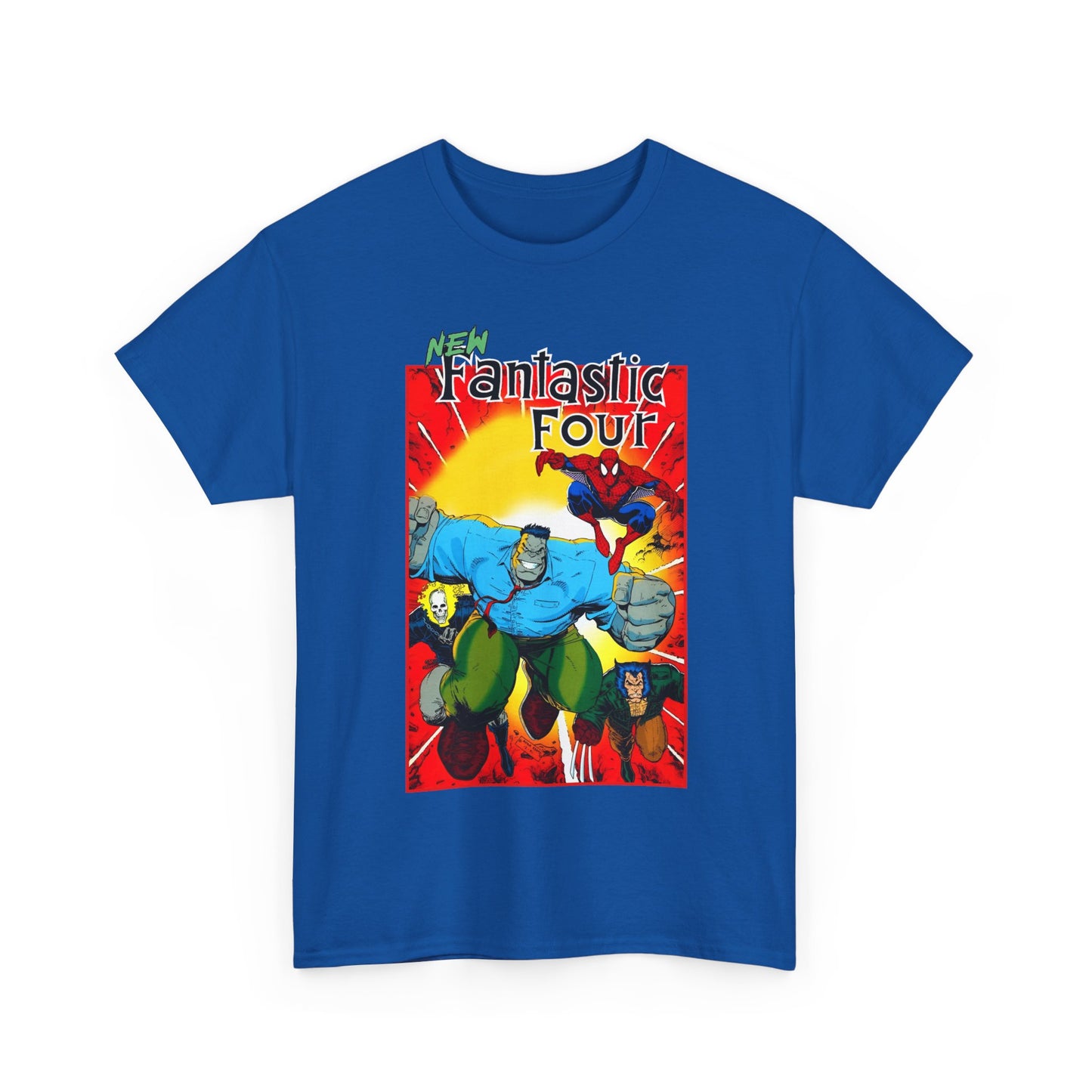 Blue t-shirt of the New Fantastic Four - Wolverine, Spider-Man, The Incredible Hulk, and Ghost Rider.