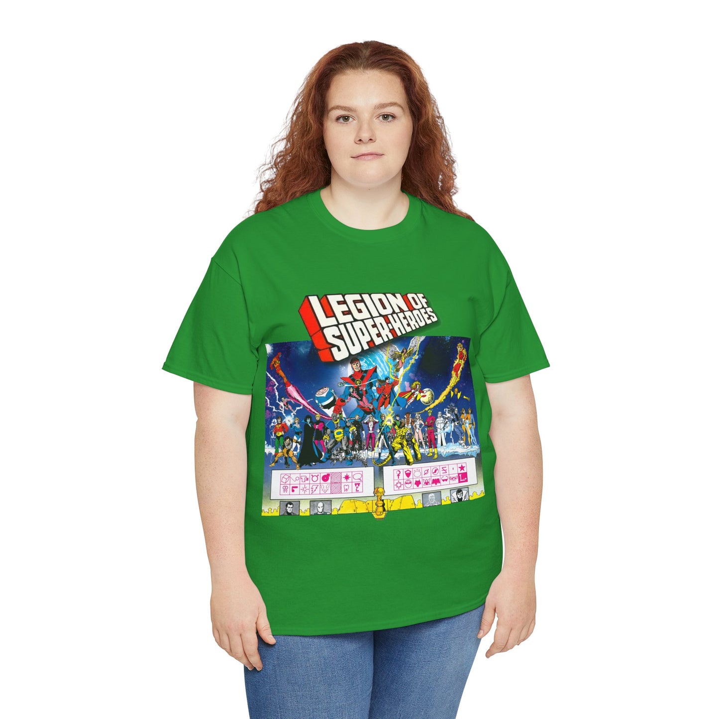 Legion of Super-Heroes T-Shirt - Gorgeous George Perez Art - History of the DC Universe - Lightning Lad, Timber Wolf, Wildfire, Sun Boy, Chamelon Boy - DC Comics