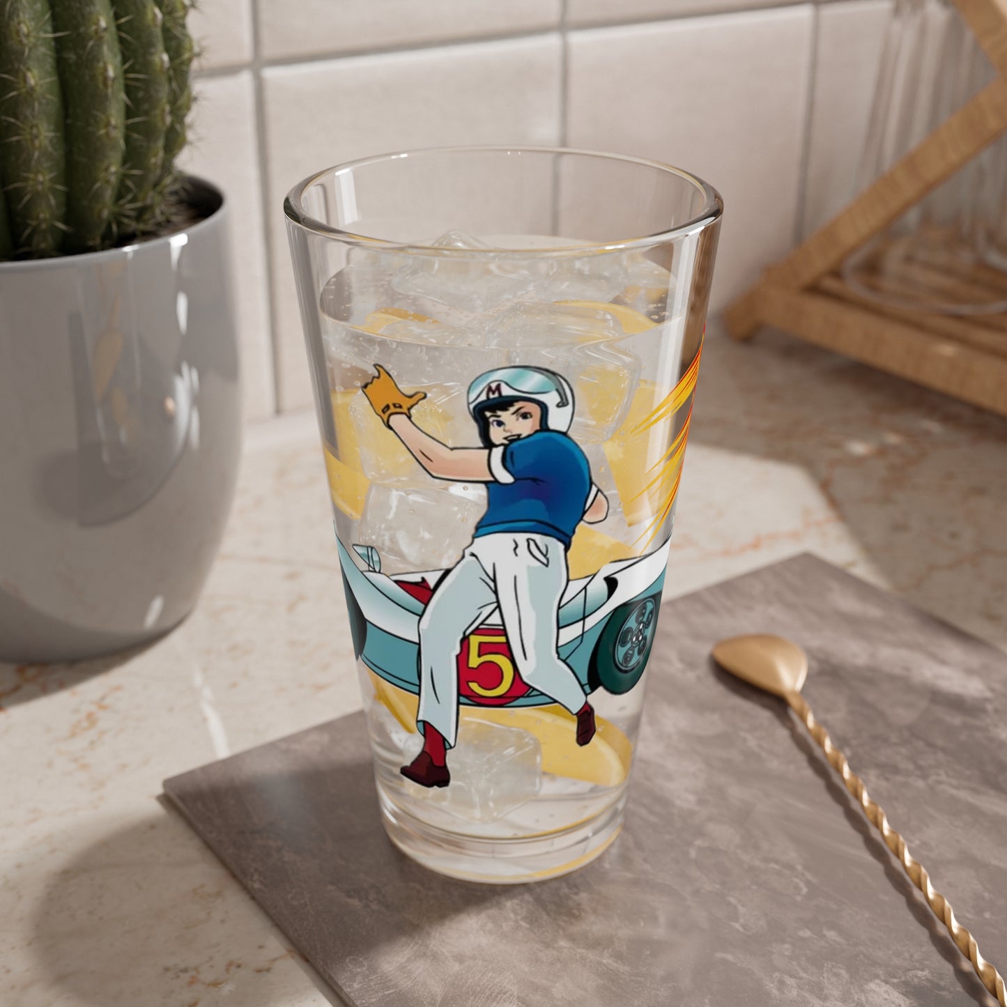 Speed Racer Pint Glass, 16oz - Tatsuo Yoshida Story & Art - Popular Manga/Anime Series from the 1960s - Mach GoGoGo - Go Mifune!