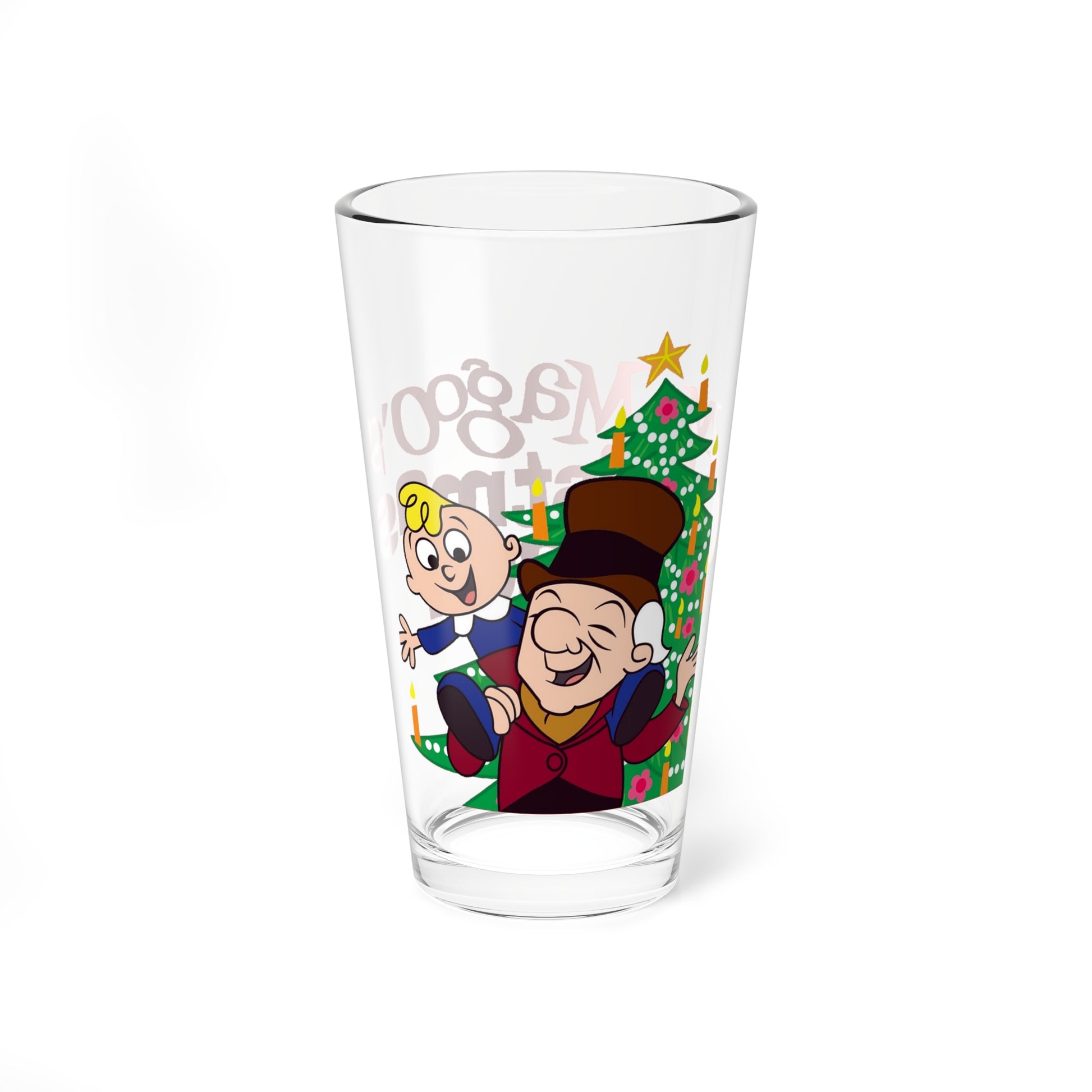 Clear glass with cartoon characters and Christmas tree design on a white background