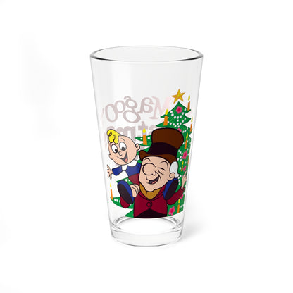 Clear glass with cartoon characters and Christmas tree design on a white background