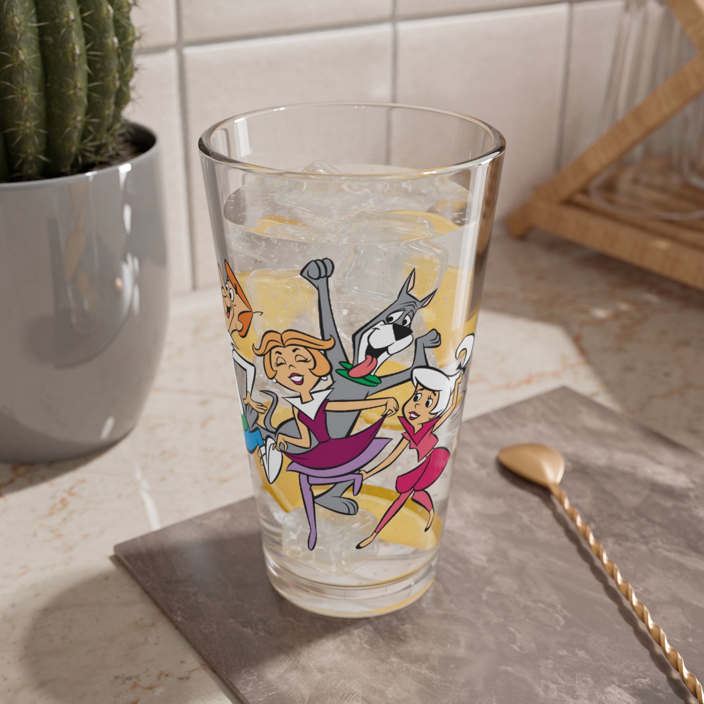 Jetsons Pint Glass, 16oz - George, Jane, Judy, Astro, Elroy - Hanna-Barbera Cartoon - Futuristic