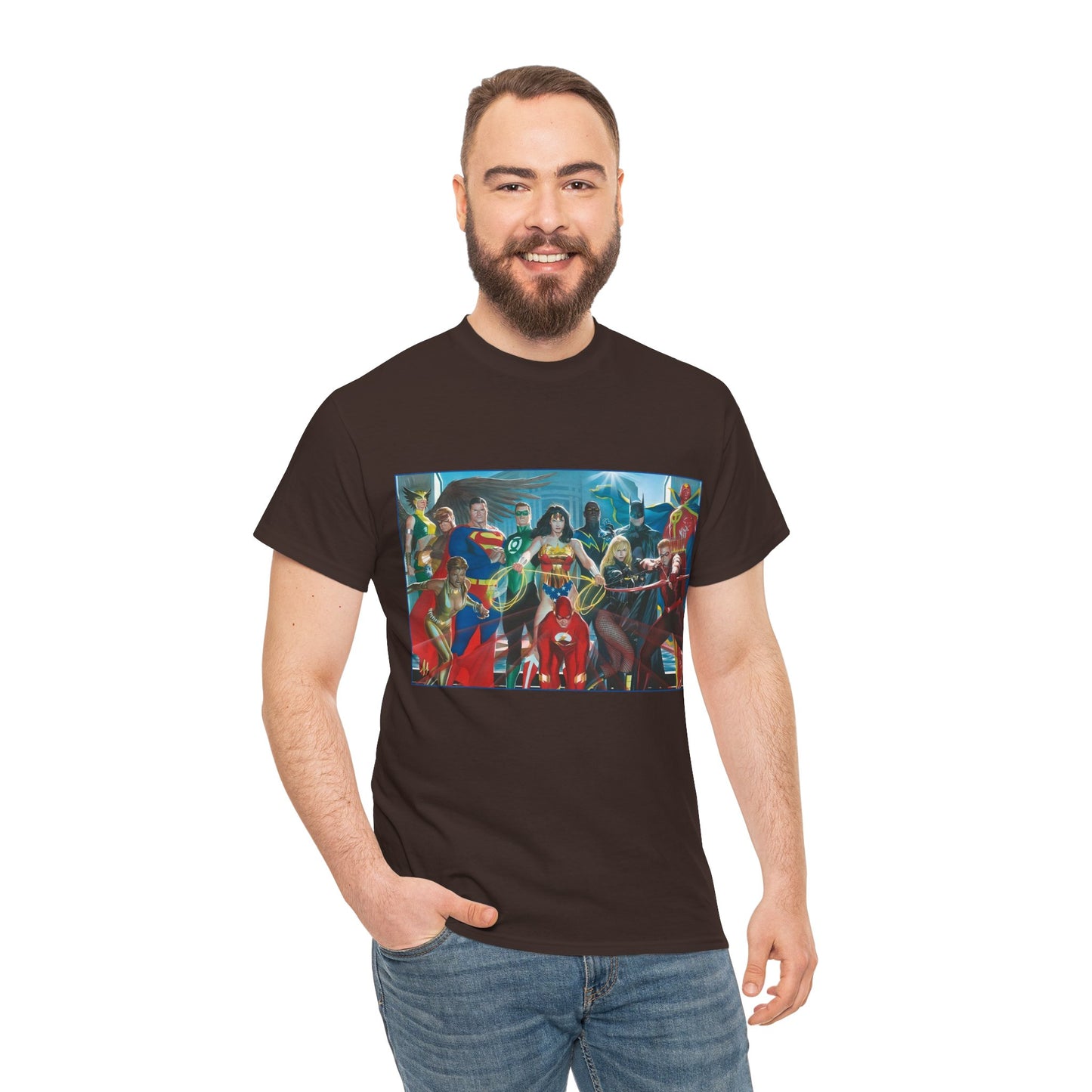 Justice League T-Shirt - Alex Ross Art - Superman, Wonder Woman, Batman, Flash, Black Canary, Vixen, Black Lightning, Green Lantern, Geo-Force, Red Tornado - DC Comics
