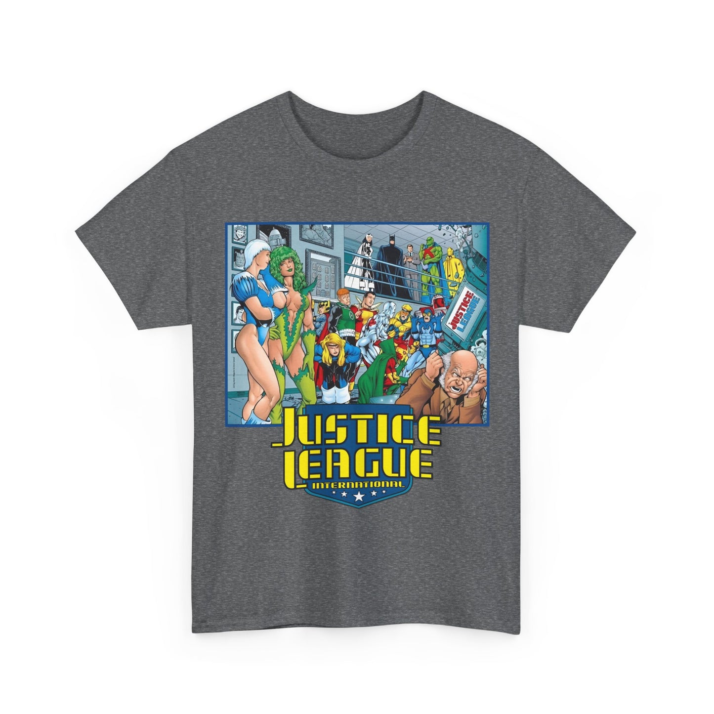 Justice League International T-Shirt - Kevin Maguire Art - Blue Beetle, Booster Gold, Martian Manhunter, Captain Atom, Batman, Fire, Ice - DC Comics - JLI