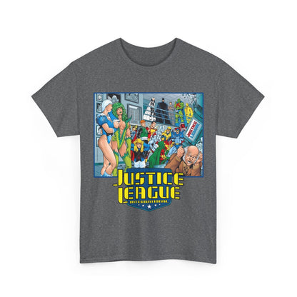 Justice League International T-Shirt - Kevin Maguire Art - Blue Beetle, Booster Gold, Martian Manhunter, Captain Atom, Batman, Fire, Ice - DC Comics - JLI