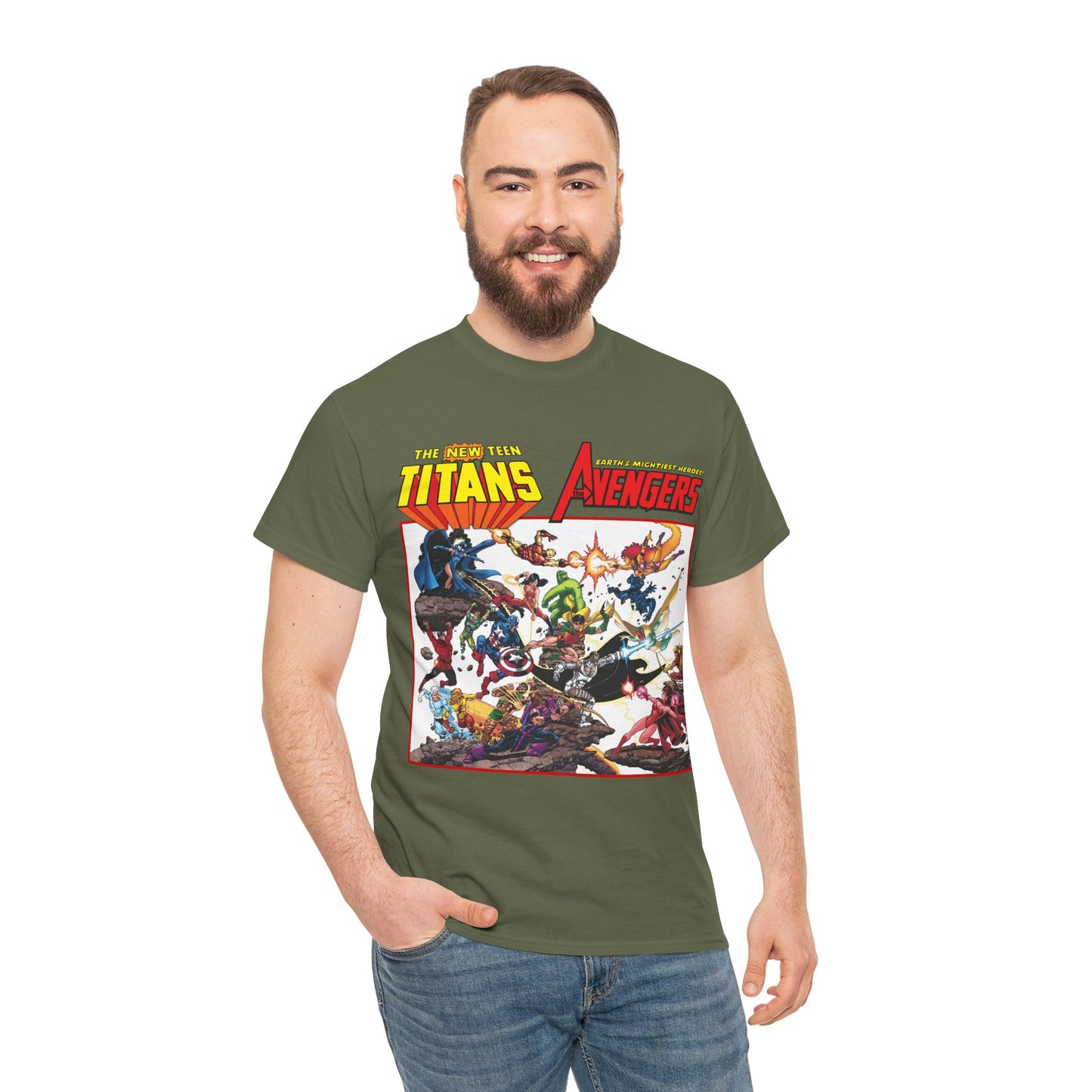 New Teen Titans Vs Avengers T-Shirt - George Perez Art - Hawkeye, Wonder Man, Raven, Starfire, Cyborg, Scarlet Witch, Wonder Girl - DC Comics & Marvel Comics