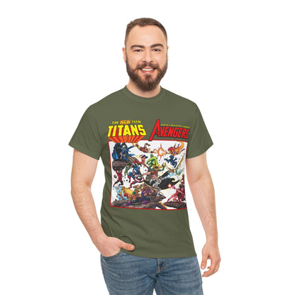 New Teen Titans Vs Avengers T-Shirt - George Perez Art - Hawkeye, Wonder Man, Raven, Starfire, Cyborg, Scarlet Witch, Wonder Girl - DC Comics & Marvel Comics