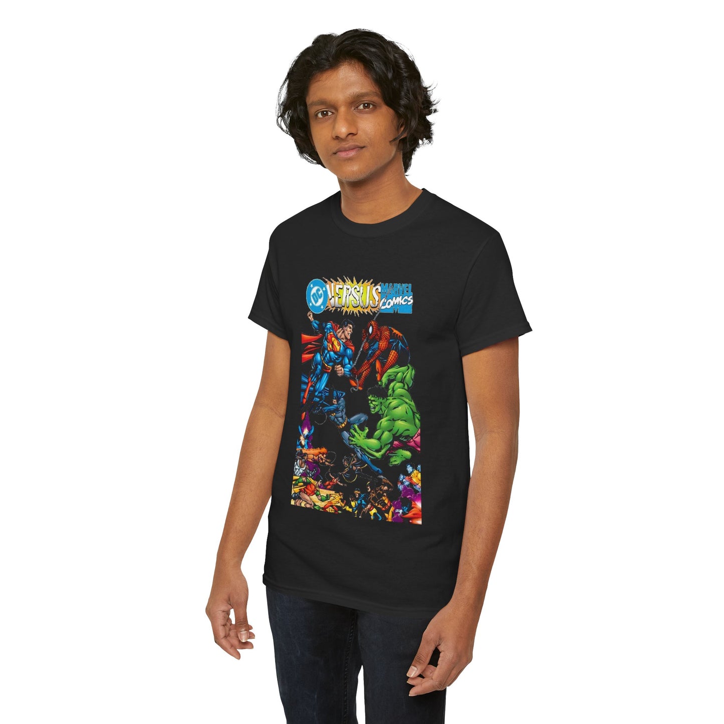 DC Comics Vs Marvel Comics T-Shirt - George Perez Art - Superman, Hulk, Batman, Spider-man, X-Men, New Teen Titans