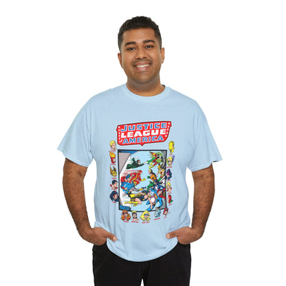 JLA & JSA T-Shirt - George Perez Art - All-Star Squadron - Firestorm, Huntress, Starman, Zatanna, Liberty Belle, Superman, Robotman, Firebrand, Dr Fate - DC Comics